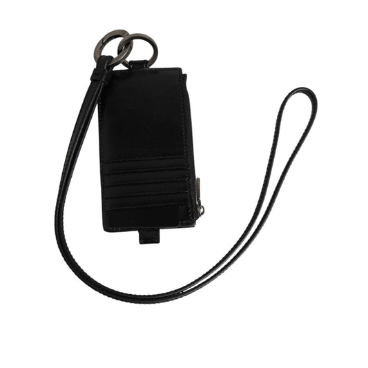 Dolce & Gabbana Black Leather Logo Embossed Lanyard Card Holder Wallet with zip closure and card slots