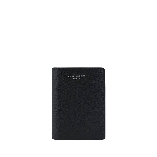 Saint Laurent Black Calf Leather Bos Taurus Wallet with embossed grained leather, iconic brand print, and billfold design, made in Italy.