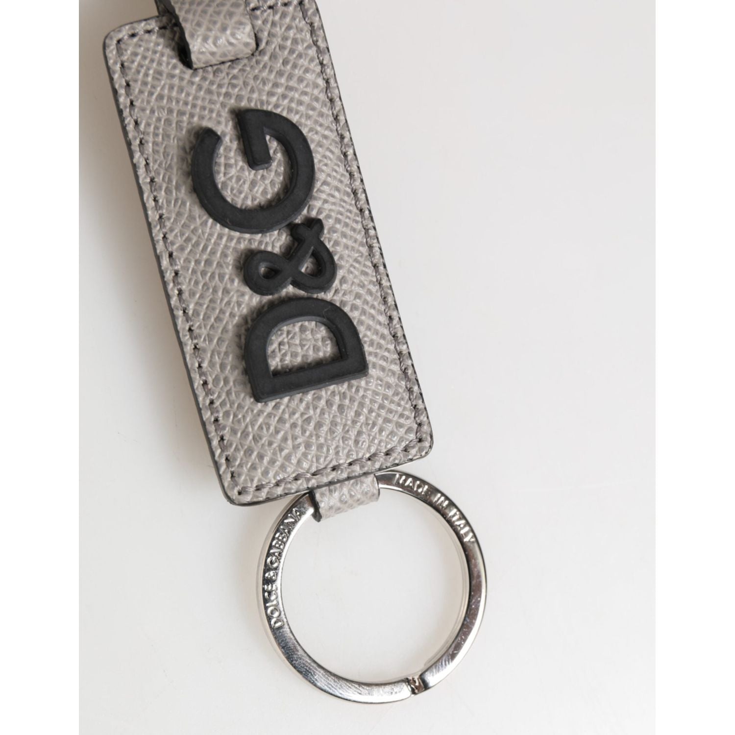 Dolce & Gabbana Gray Leather Logo Metal Ring Keychain Holder Men Keyring