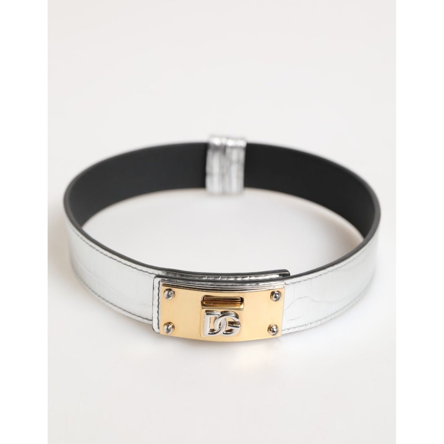 Dolce & Gabbana Silver Textured Leather Gold Tone Metal Neckband with logo engravings and adjustable buckle closure.