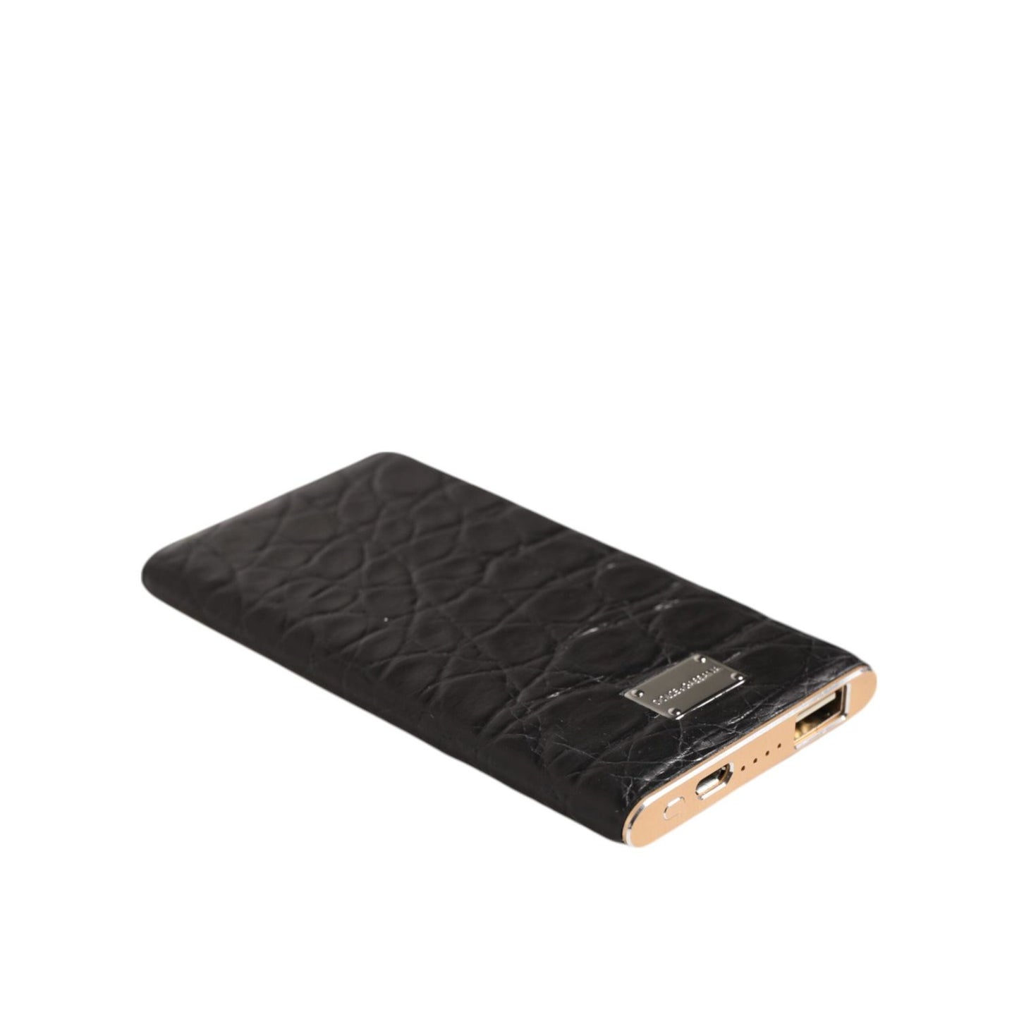 Dolce & Gabbana Black Leather Exotic Skin 3000mAh Power Bank Charger USB with luxurious textured finish and USB output for stylish charging.