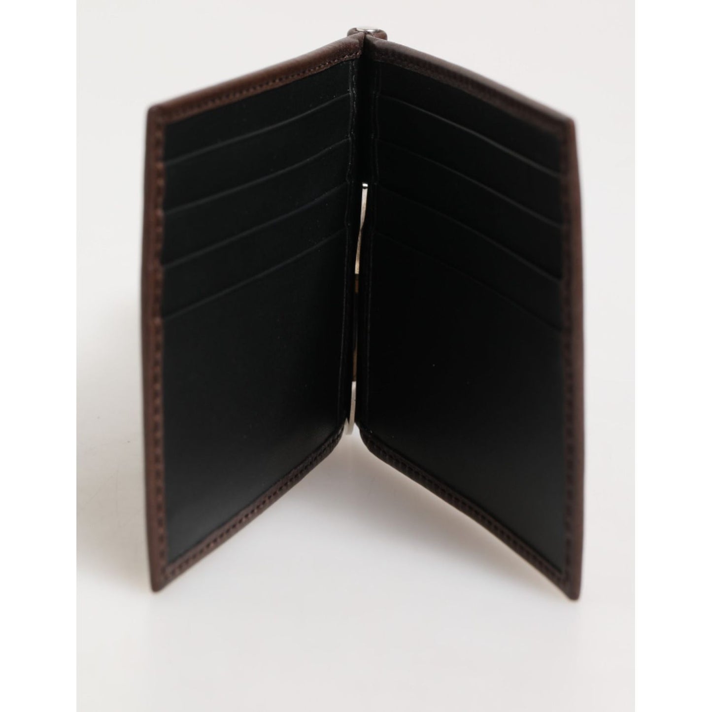 Dolce & Gabbana Brown Leather DG Logo Engrave Bifold Card Holder Wallet open view showcasing interior card slots.