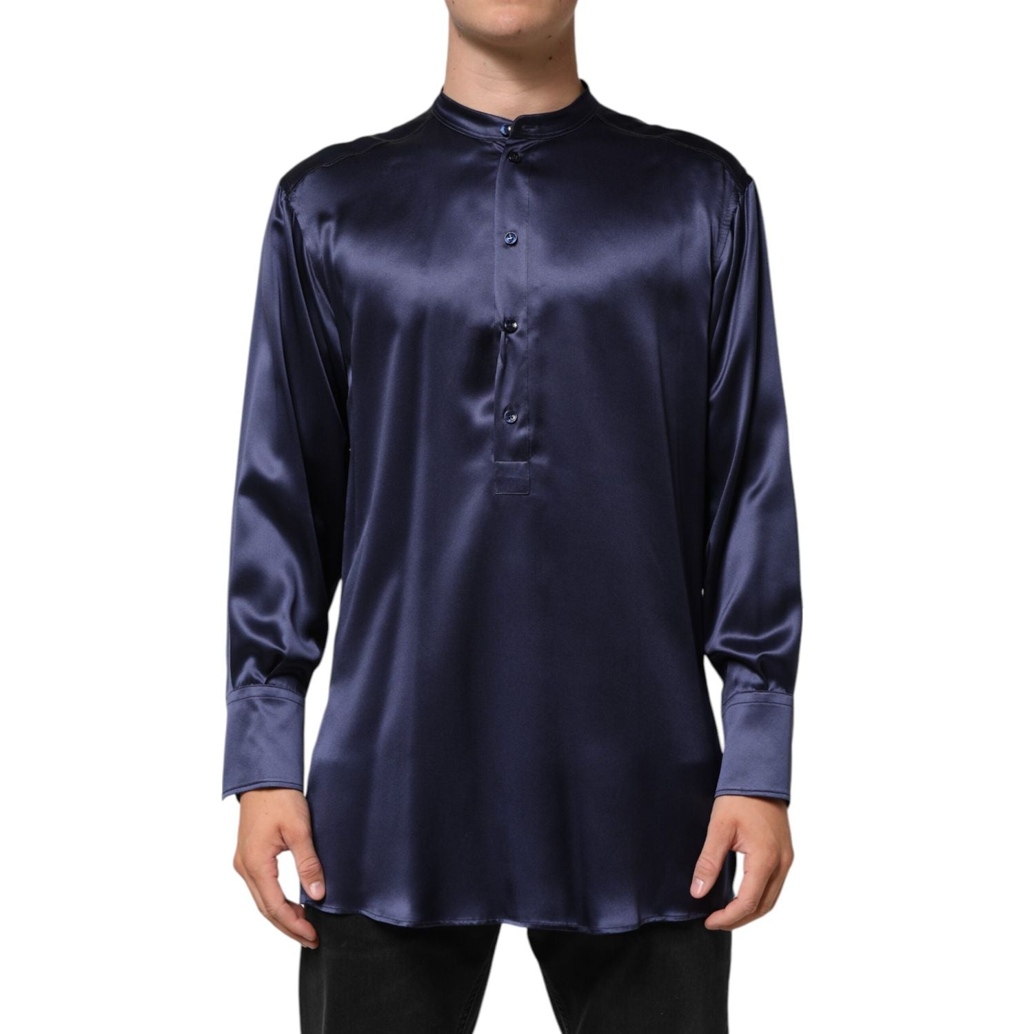 Dolce & Gabbana Navy Silk Long Sleeve Mandarin Collar Shirt