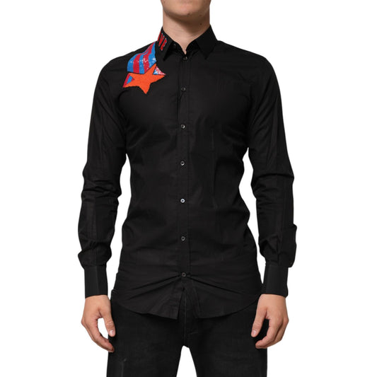 Dolce & Gabbana Black Cotton Star Sequin Dress Formal Men Shirt with embroidered star patch and "LOVE" on collar