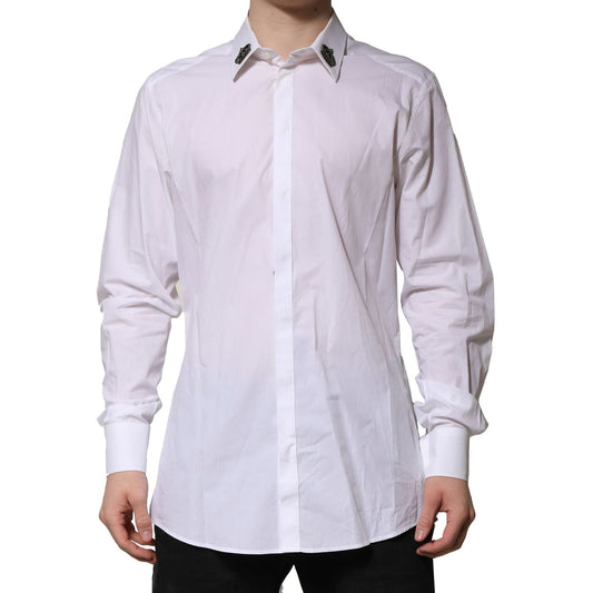 Dolce & Gabbana White Cotton Crown Collar GOLD Formal Shirt with embroidered crown patches, slim fit, and button closure.