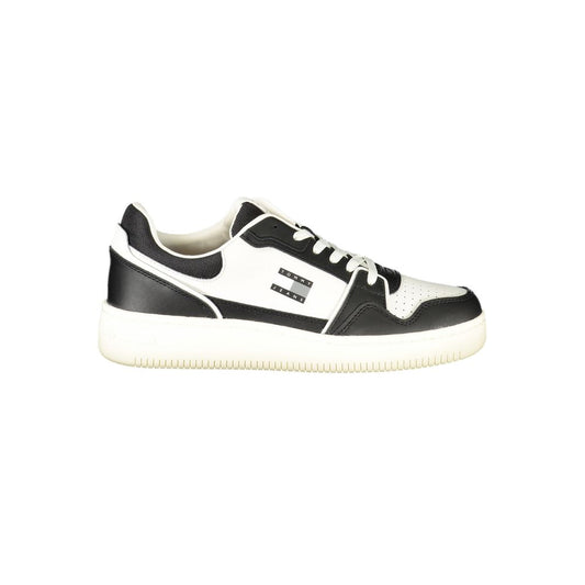 Tommy Hilfiger Black Leather Men Sneaker with white accents and designer logo, showcasing stylish and comfortable design.