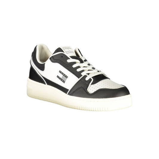 Tommy Hilfiger Black Leather Men Sneaker with white details and designer logo, offering style and comfort for urban adventures.