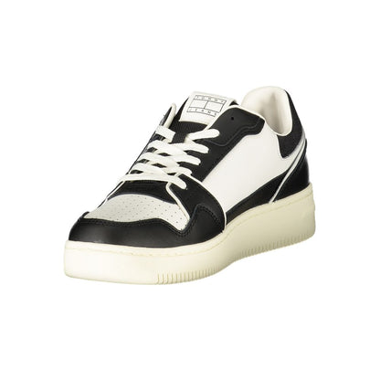 Tommy Hilfiger Black Leather Men Sneaker with white contrasting details and iconic logo, showcasing luxury style and comfort.