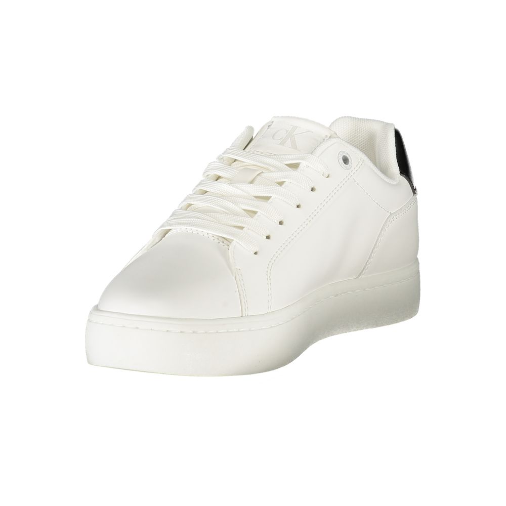 Calvin Klein White Leather Women Sneaker with black accents on heel, showcasing luxury and comfort with removable footbed.