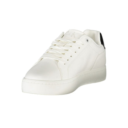 Calvin Klein White Leather Women Sneaker with black accents on heel, showcasing luxury and comfort with removable footbed.