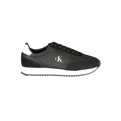 Calvin Klein Black Leather Men Sneaker with white accents, sleek design, featuring the iconic CK logo on the side.