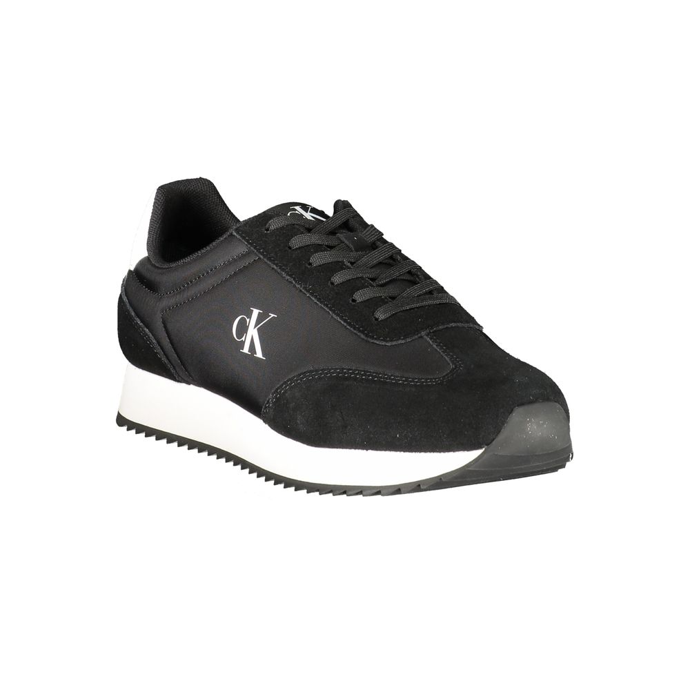 Calvin Klein Black Leather Men Sneaker with white accents, featuring the iconic CK logo, perfect for a stylish and athletic look.