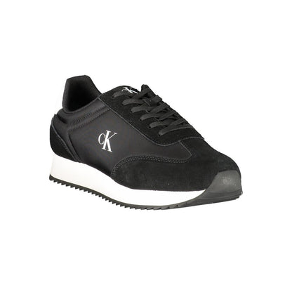 Calvin Klein Black Leather Men Sneaker with white accents, featuring the iconic CK logo, perfect for a stylish and athletic look.