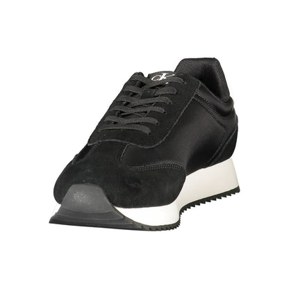 Calvin Klein Black Leather Men Sneaker with white accents and iconic logo, showcasing sleek style and refined athleticism.