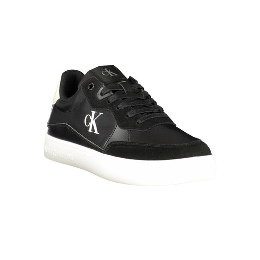 Calvin Klein Black Leather Men Sneaker with iconic logo on side, contrasting sole, and removable footbed for personalized comfort and style.
