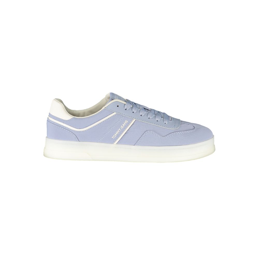 Tommy Hilfiger Blue Leather Women Sneaker with white accents, durable and stylish sports shoes featuring a removable footbed.