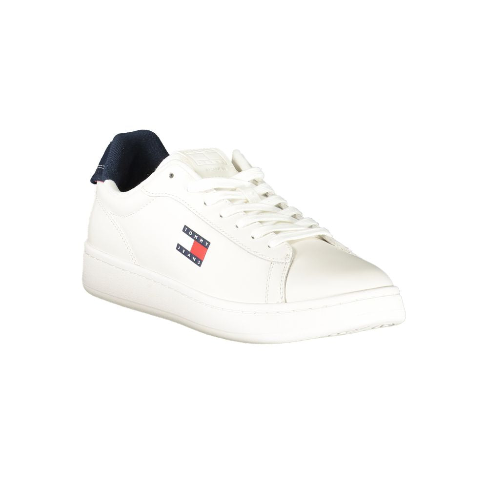 Tommy Hilfiger White Leather Men Sneaker with blue accents and iconic logo, showcasing sophistication and modern style.