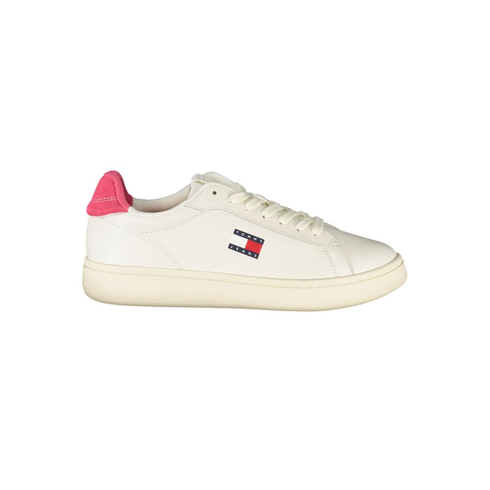 Tommy Hilfiger White Leather Women Sneaker with fuchsia accents and logo emblem, highlighting chic and comfortable design.