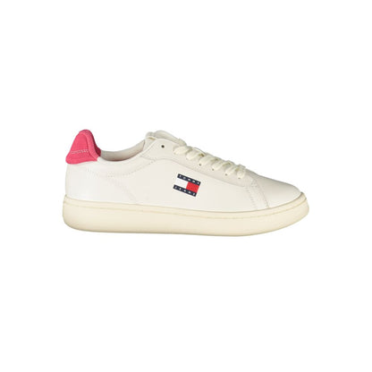 Tommy Hilfiger White Leather Women Sneaker with fuchsia accents and logo emblem, highlighting chic and comfortable design.