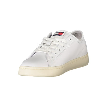 Tommy Hilfiger White Leather Women Sneaker with logo and contrasting details for style and comfort.