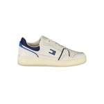 Tommy Hilfiger White Leather Men Sneaker with blue accents and logo, showcasing sporty sophistication and comfort.