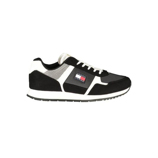 Tommy Hilfiger Black Polyester Men Sneaker with signature logo and removable footbed for comfort.