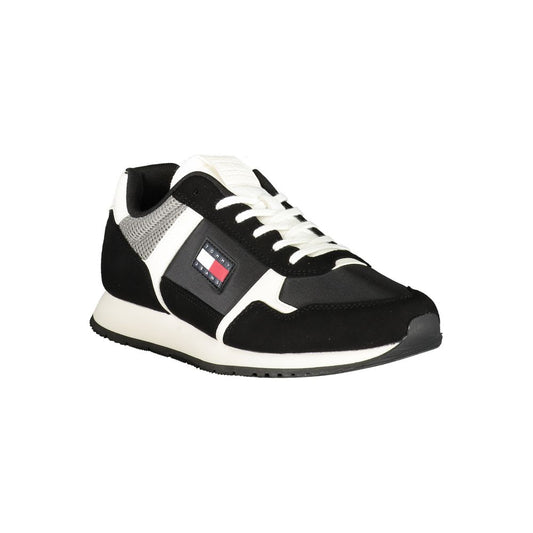 Tommy Hilfiger Black Polyester Men Sneaker with iconic logo and contrasting details, designed for style and comfort.