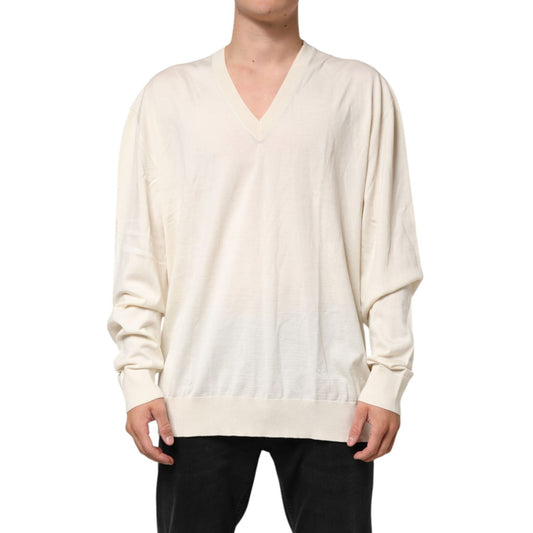 Dolce & Gabbana Ivory Virgin Wool Men V-Neck Knit Sweater front view