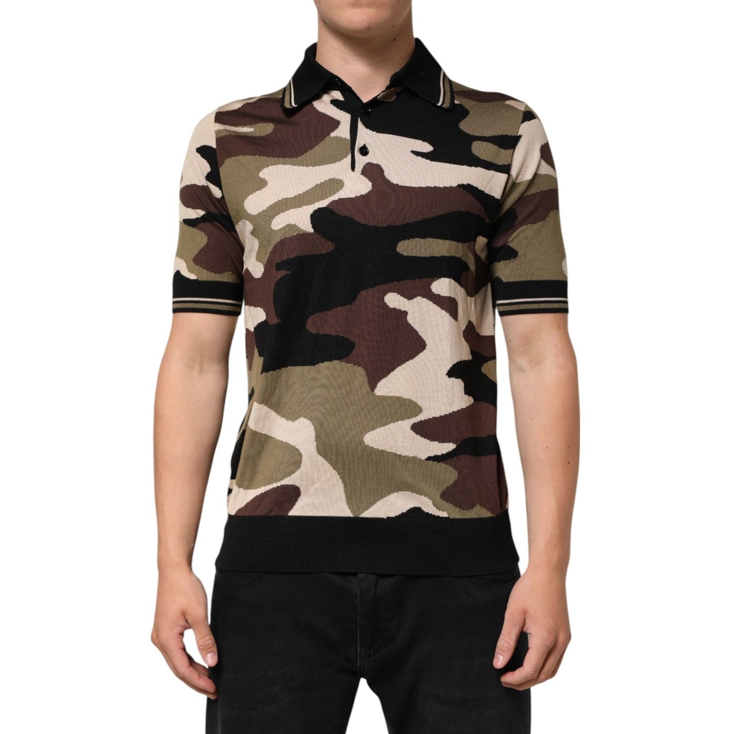 Dolce & Gabbana Camouflage Brown Silk Military Polo T-shirt