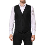 Dolce & Gabbana Black Wool Dress Formal Men Waistcoat Vest, classic style perfect for weddings and business, adjustable strap, premium quality.