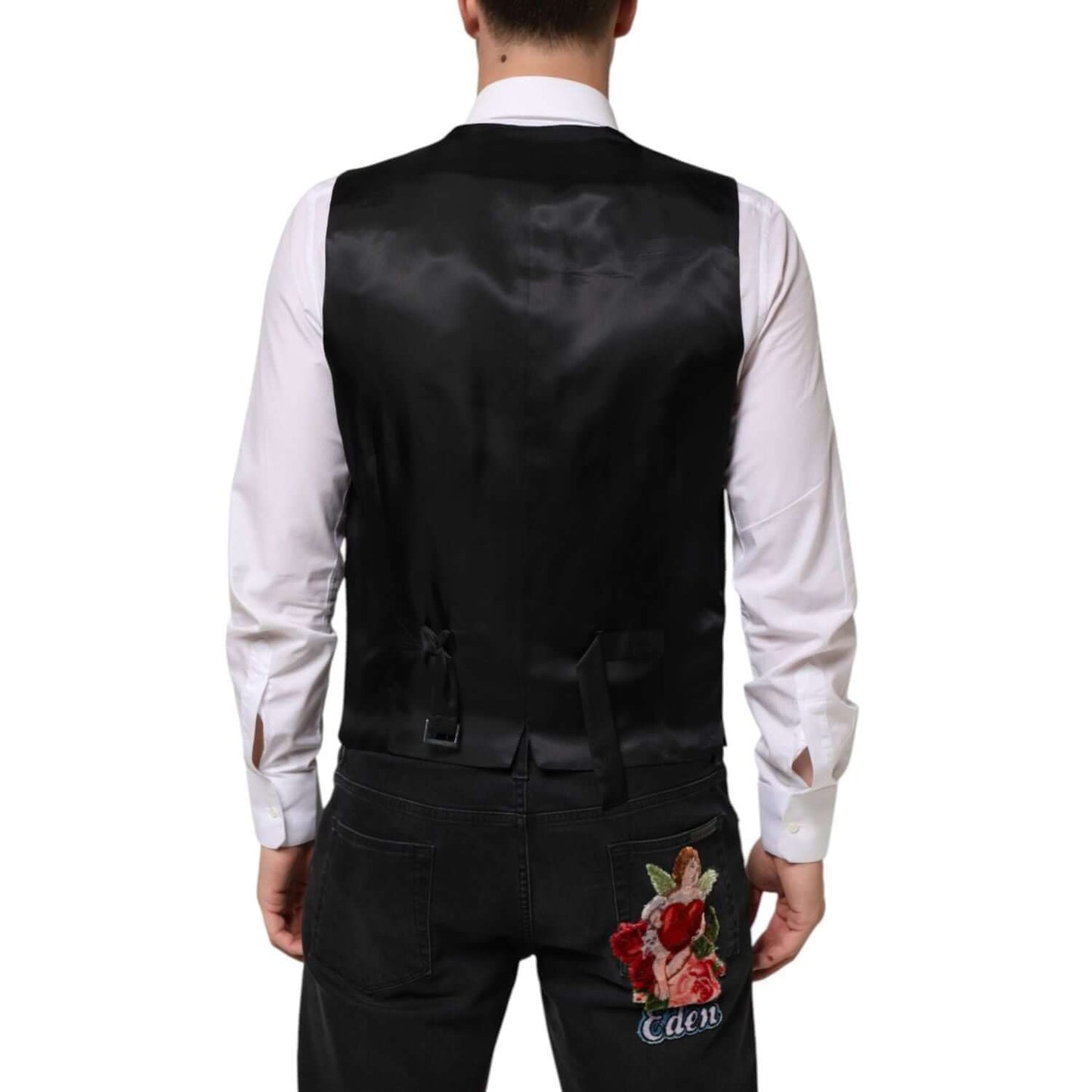 Back view of Dolce & Gabbana Black Wool Dress Formal Men Waistcoat Vest featuring adjustable strap, styled for business wear.