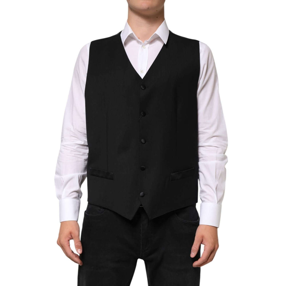 Dolce & Gabbana Black Wool Dress Formal Men Waistcoat Vest styled on a model, showcasing formal attire with adjustable strap.
