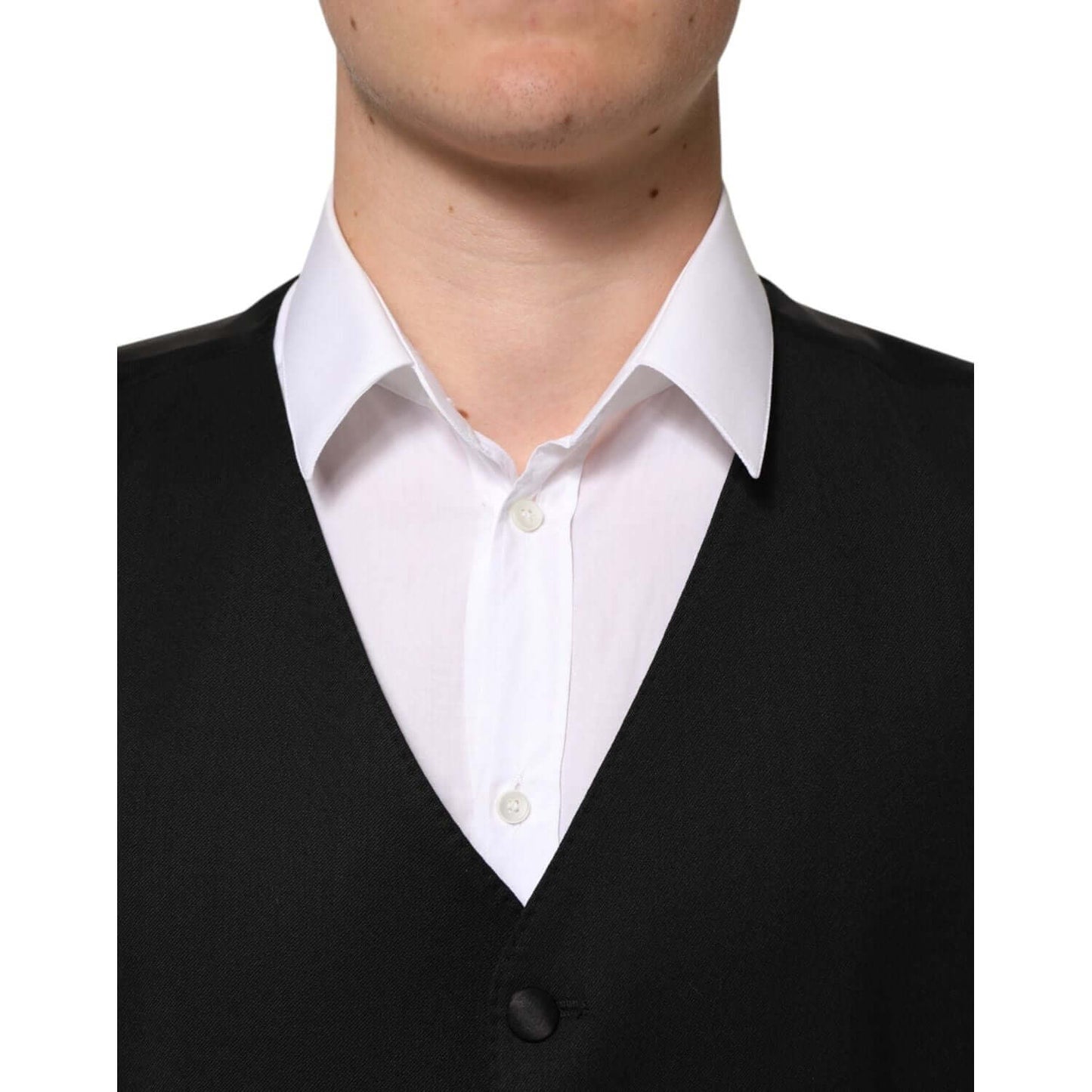 Dolce & Gabbana Black Wool Dress Formal Men Waistcoat Vest close-up view