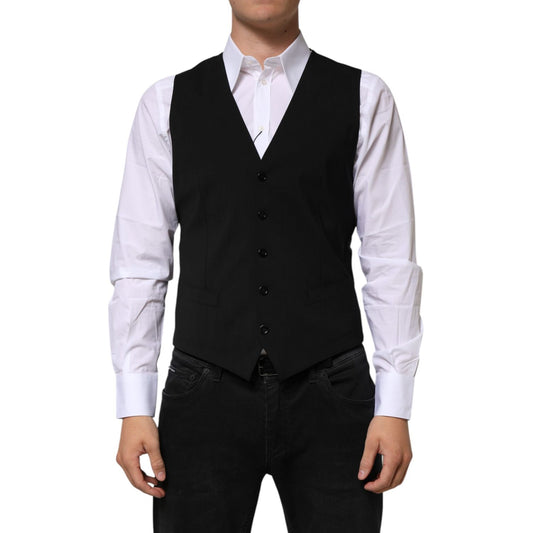 Dolce & Gabbana Black Wool Dress Formal Men Waistcoat Vest, elegant tailored look for formal occasions.