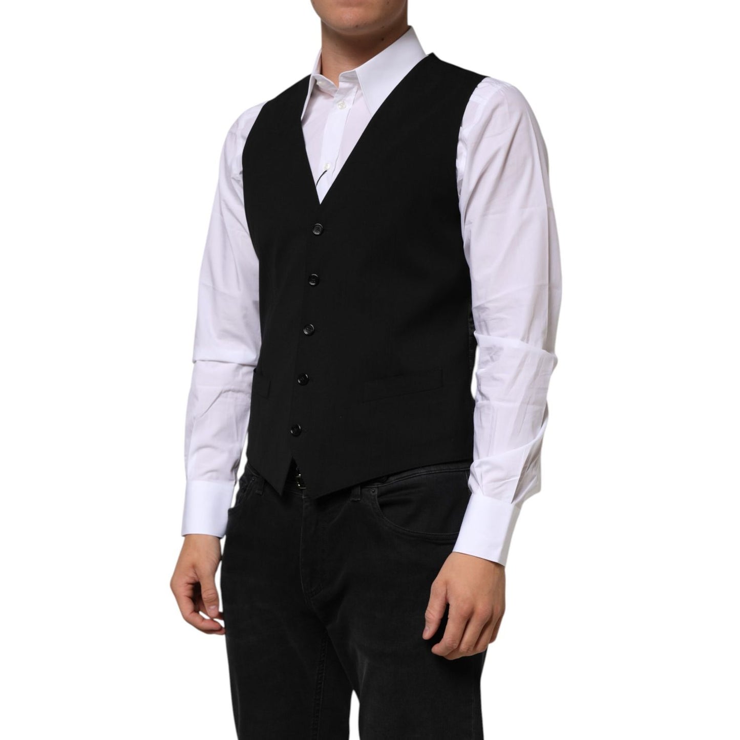 Man wearing Dolce & Gabbana Black Wool Dress Formal Men Waistcoat Vest with white shirt, showcasing sleek tailored fit.