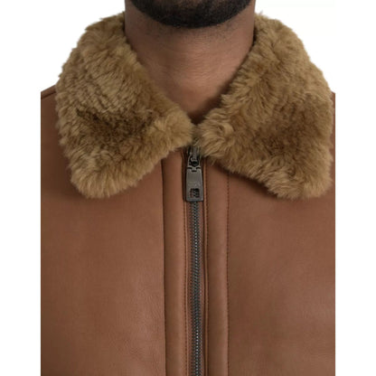 Dolce & Gabbana Brown Leather Fur Button Biker Coat Jacket