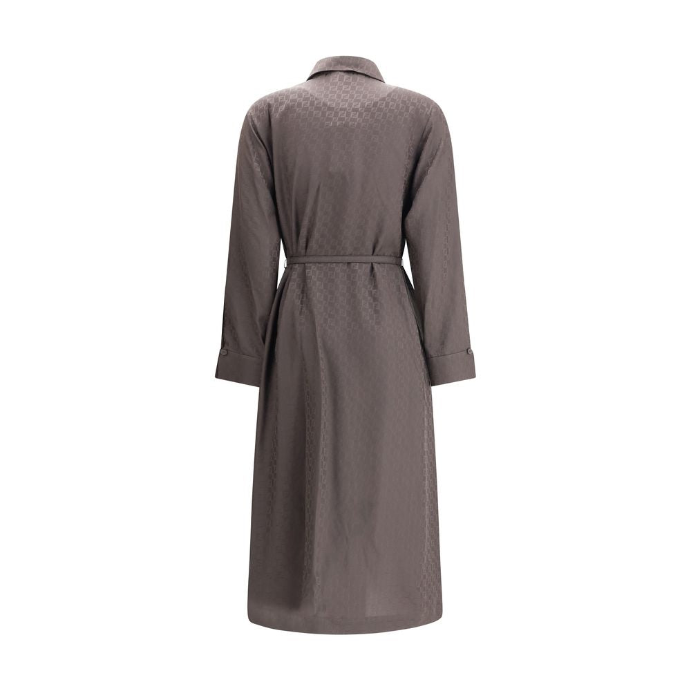 Back view of Fendi Brown Silk Casual Dress with FF check pattern, shirt-style collar, and belt, showcasing elegance and structure.