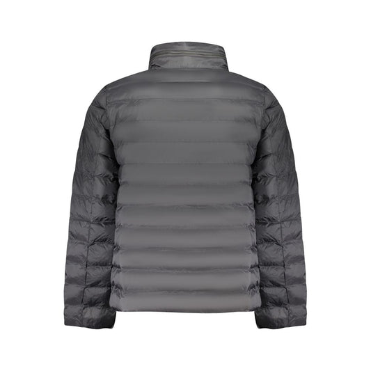 Back view of Calvin Klein Black Polyamide Men Jacket showcasing quilted design and high collar for sleek style and functionality.