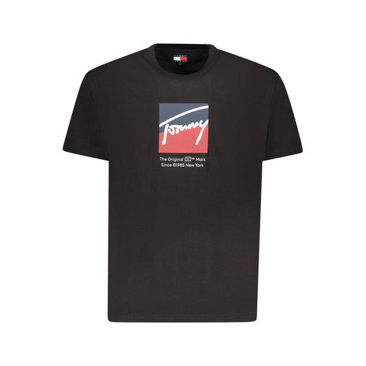 Tommy Hilfiger Black Cotton Men T-Shirt with logo and print, short-sleeved crew neck made from 95% regenerative cotton.