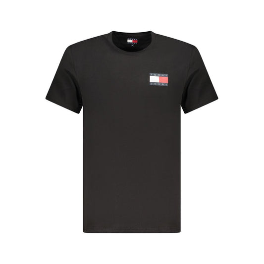 Tommy Hilfiger Black Cotton Men T-Shirt with logo, eco-friendly design, and crew neck ideal for sustainable fashion.