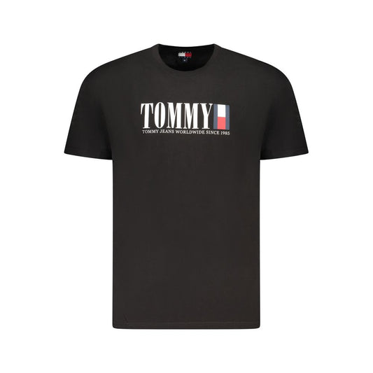 Tommy Hilfiger Black Cotton Men T-Shirt with iconic logo print, short sleeves, 95% regenerative cotton, chic style.