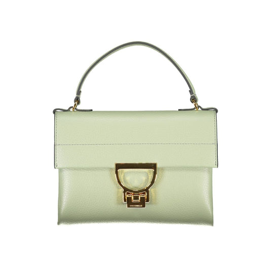 Front view of Coccinelle Green Leather Women Handbag with gold twist closure and iconic logo.
