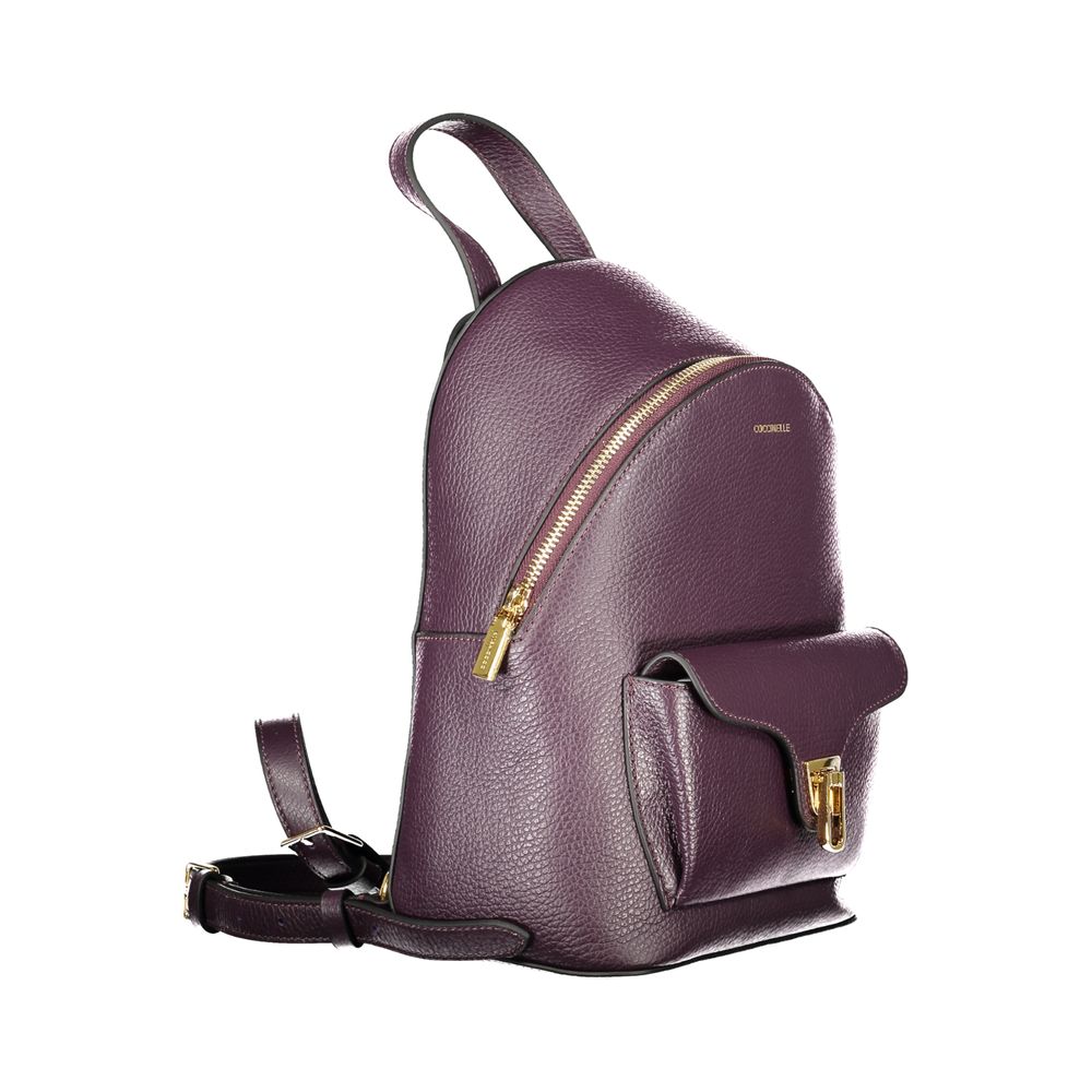 Coccinelle Purple Leather Women Backpack with Italian craftsmanship, featuring adjustable straps and twist closure pocket.