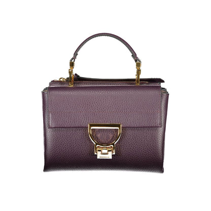 Elegant Coccinelle Purple Leather Women Handbag with gold hardware, removable handle, and adjustable strap for versatile use.