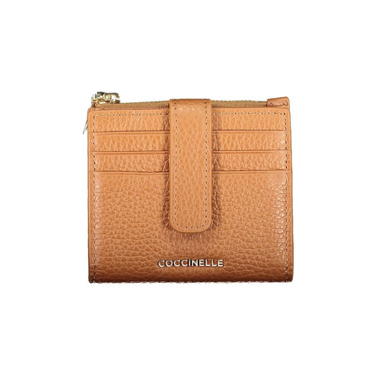 Coccinelle Brown Leather Women Wallet showcasing sleek card slots and zippered coin purse. Ideal for fashionable and functional use.