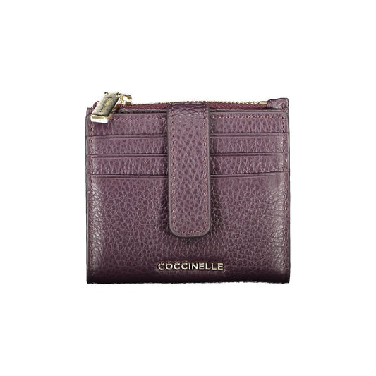 Coccinelle Purple Leather Women Wallet with embossed logo, triple card space, and secure storage, showcasing elegant purple leather design.