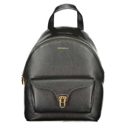 Coccinelle Black Leather Women Backpack with gold twist and zip closures, showcasing urban chic style and functionality.