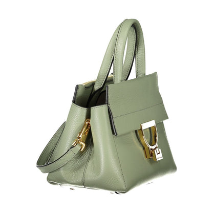 Alt Tag: Coccinelle Green Leather Women Handbag with gold hardware and detachable strap, angled side view displaying elegant design.
