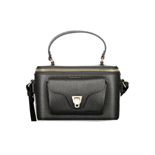 Coccinelle Black Leather Women Handbag with distinctive print and logo, featuring external pocket and adjustable strap for style and functionality.