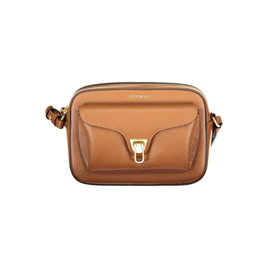 Coccinelle Brown Leather Women Handbag with adjustable strap and external twist closure pocket, showcasing Italian elegance and functionality.
